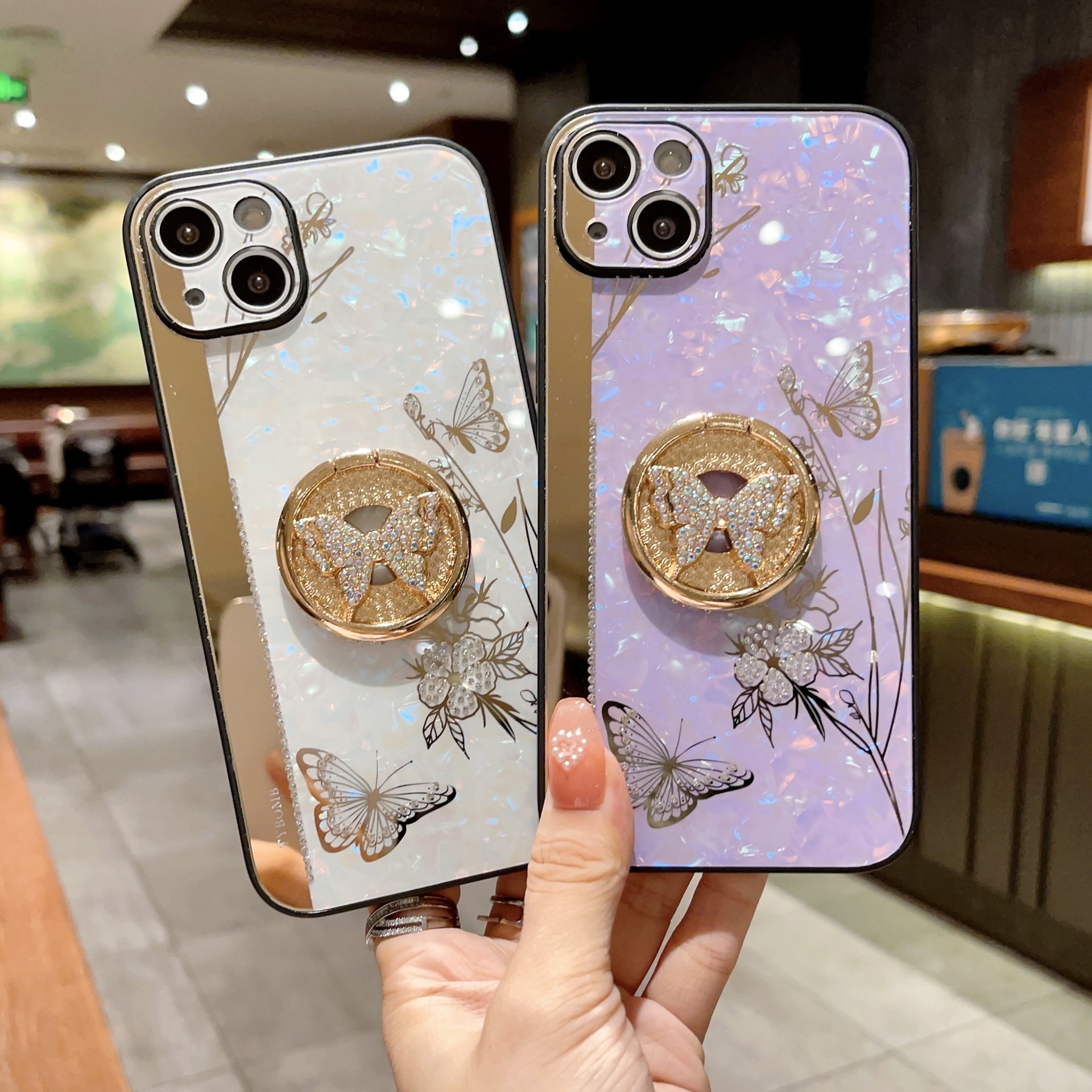 TechGlobe Compatible With 17 Phone Love Flower Inlaid Diamond Butterfly Stand IPhone 16 Pro Full Coverage Soft Edge_voghion.com