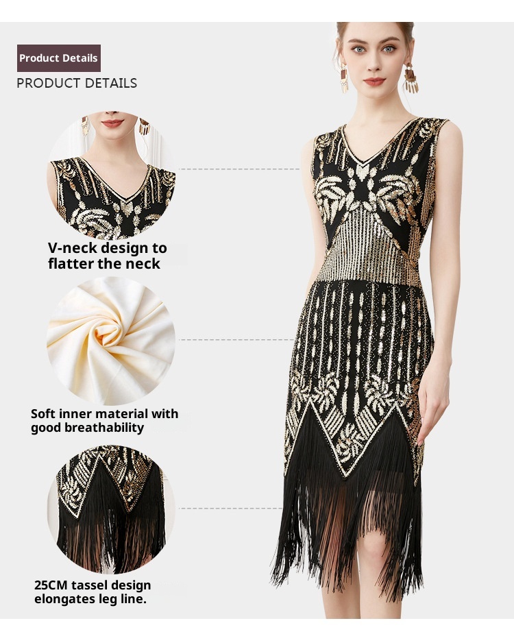 ChicShe European And American Retro Gatsby Ball Gown V-neck Sequin Beaded Embroidery Tassel Vest Plus Size Dress_voghion.com