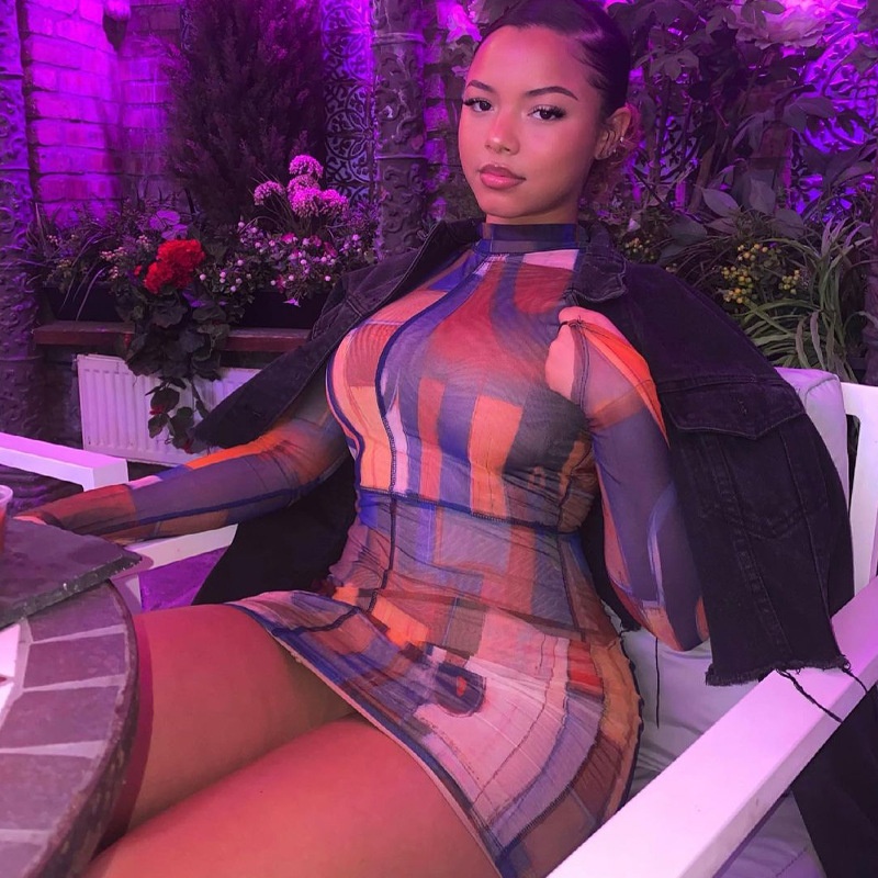 ChicShe Collection Printemps 2025 - Robe moulante courte à manches longues et col montant, imprimé peinture à l'huile, collection femme, vente en gros_voghion.com