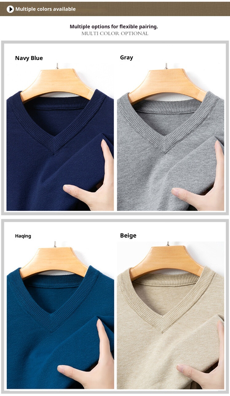 Maglione da uomo in maglia con scollo a V, 100% lana primaverile e autunnale, per la mezza età, caldo e comodo_voghion.com