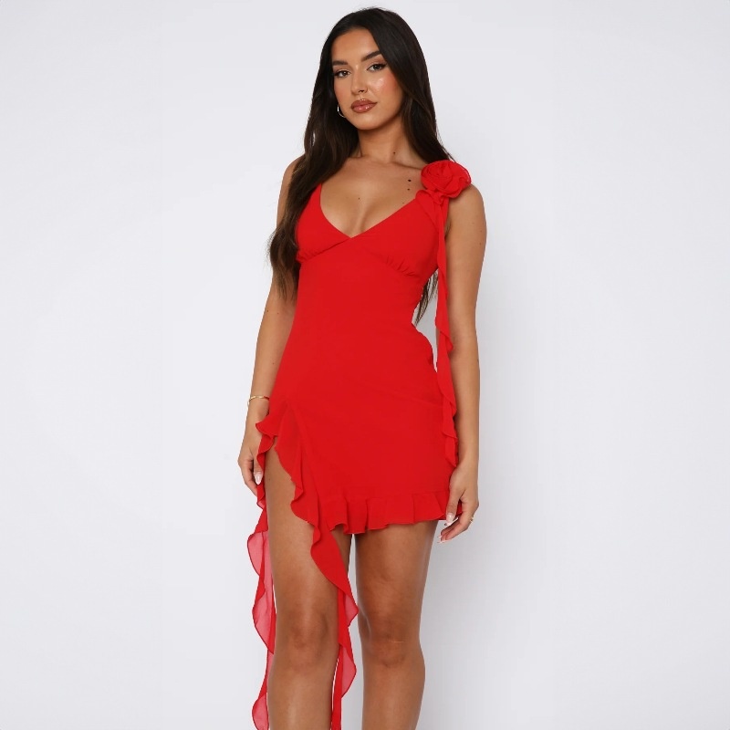 ChicShe, abito estivo da donna con volant, sexy, sottile, decorato con fiori e spalline a V, stile europeo e americano, 2024_voghion.com