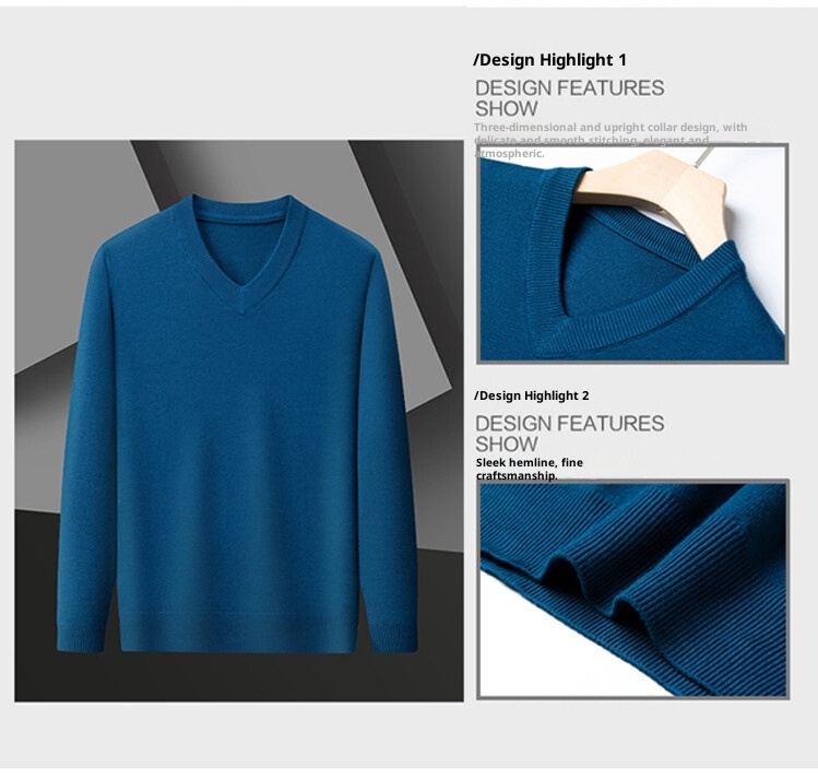 Maglione da uomo in maglia con scollo a V, 100% lana primaverile e autunnale, per la mezza età, caldo e comodo_voghion.com