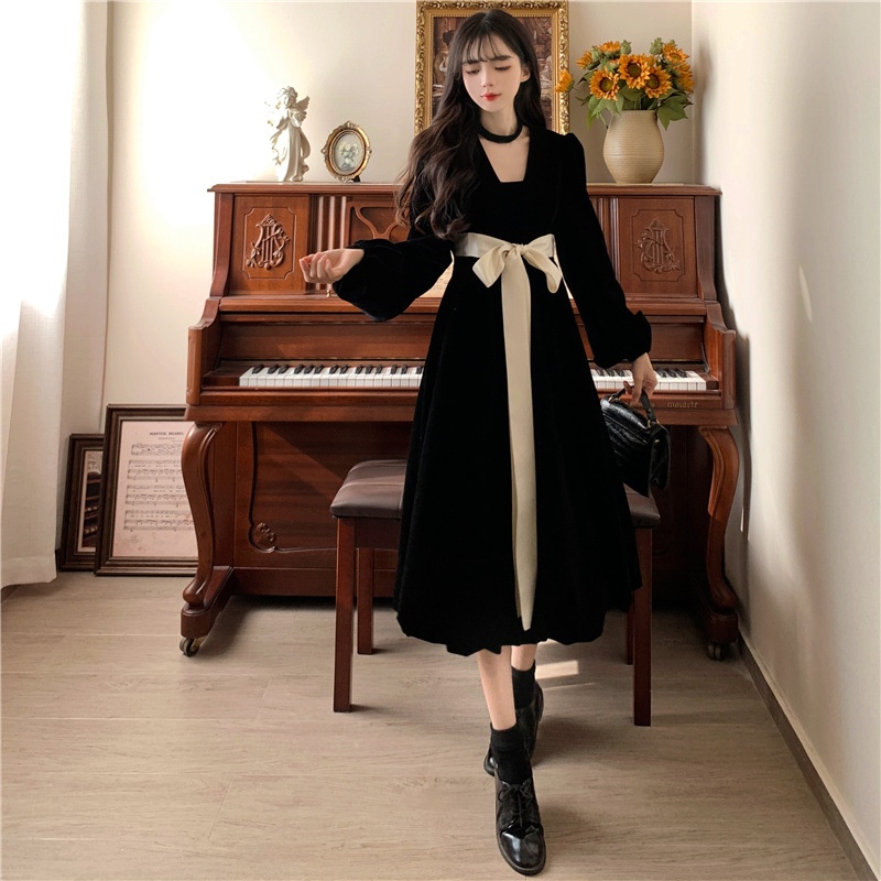 ChicShe 2023 Autumn Winter Plus Size Hepburn Versatile Waist-Tie Bow French High-End Velvet Slimming Dress_voghion.com