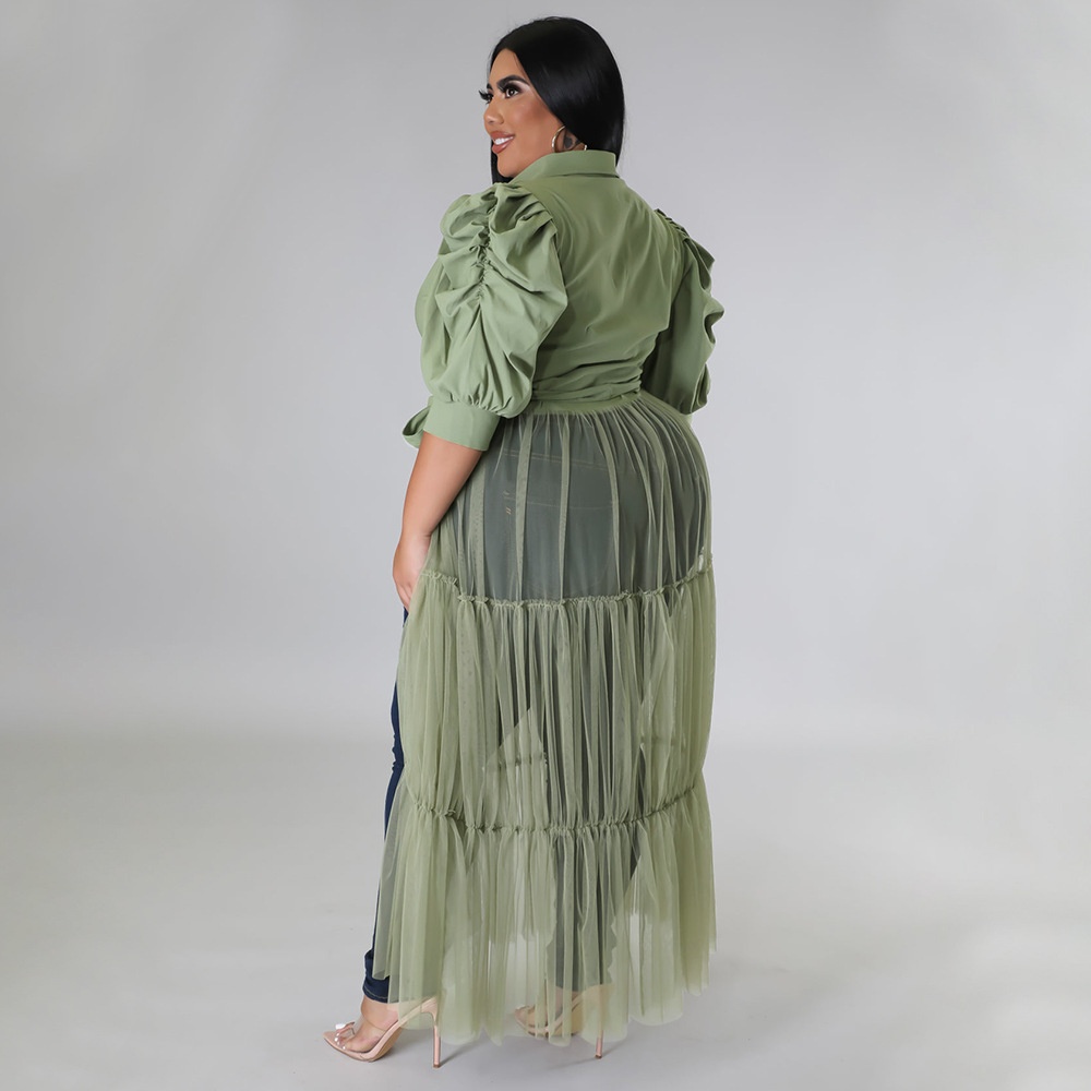 ChicShe N7681 Autumn Style European And American Solid Color Shirt Top Tie-Up Sheer Sexy Mesh Plus Size Dress_voghion.com