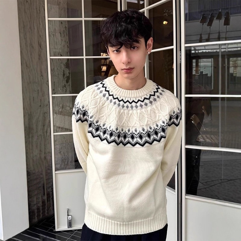 Maglione lavorato a maglia Fair Isle a trecce per uomo, maglia autunnale morbida e comoda, con strato interno Cleanfit_voghion.com