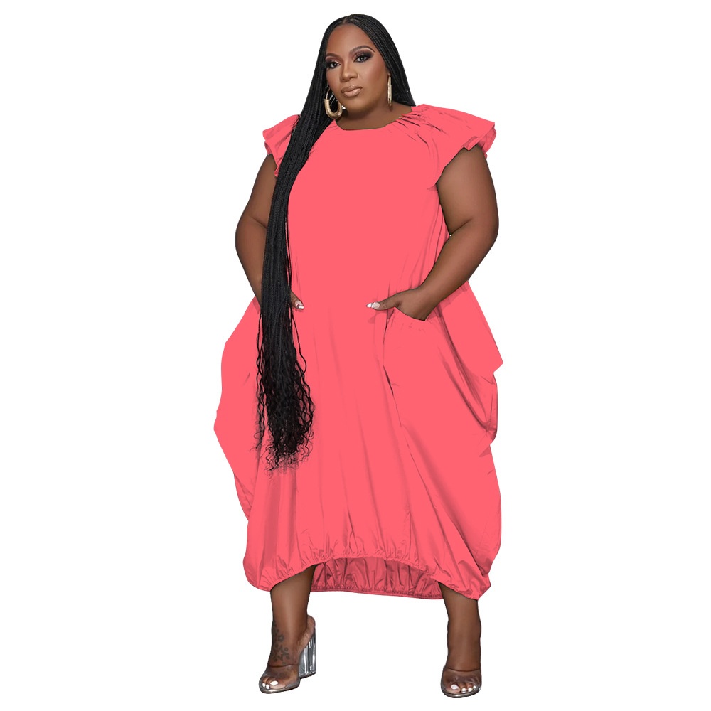 ChicShe N7834 Cross-Border Source European And American Fashion Plus Size Women's Solid Color Double Pocket Loose Dress_voghion.com