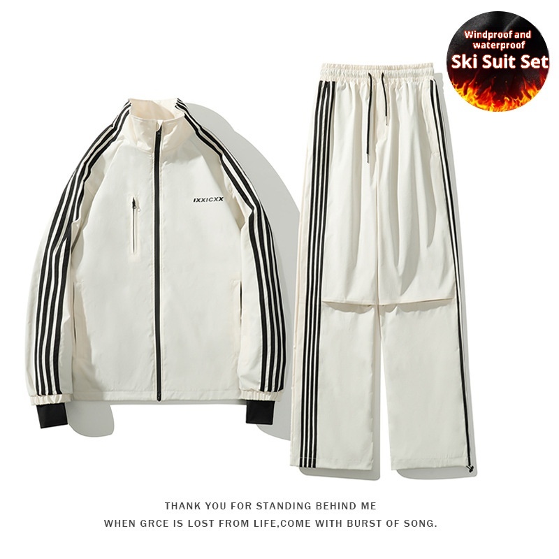 001 Cro-Border Hot-Selling Winter New Three-Stripe Suit Set Waterproof Windproof Stand Collar Jacket Fleece-Lined Ski_voghion.com