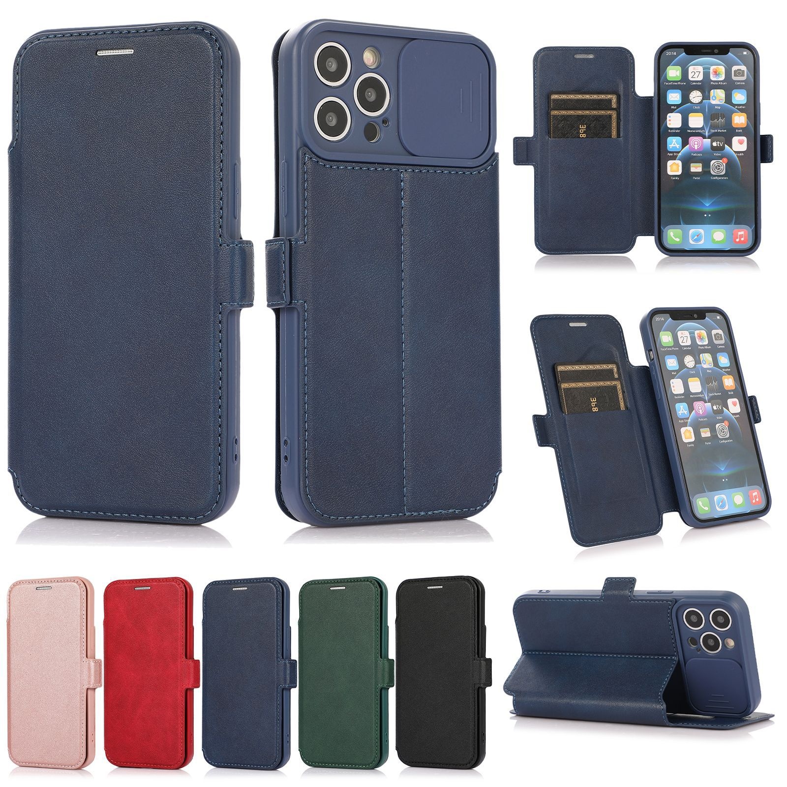 TechGlobe Wholesale Compatible IPhone 15 Pro Textured Phone 13 Multi-Card Slot Sliding Window Lens Protector Leather Case_voghion.com