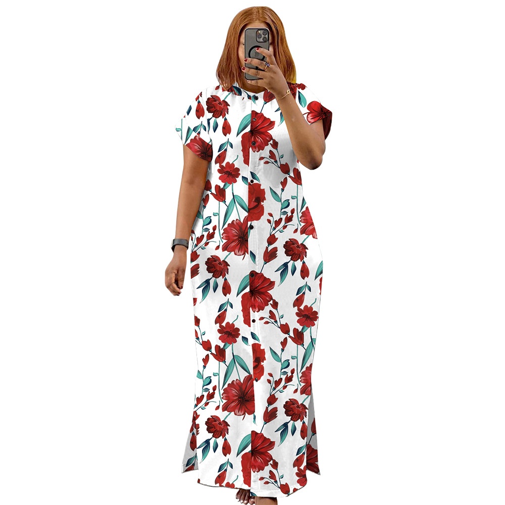 ChicShe N7976 Cross-Border European And American Stand Collar Elegant Waist-Cinching Split Shirt Long Plus Size Dress_voghion.com