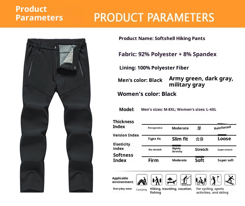001 Outdoor Softshell For Men Women, Autumn And Winter Waterproof Windproof Breathable Hiking Ski Pants With Fleece Lining,_voghion.com