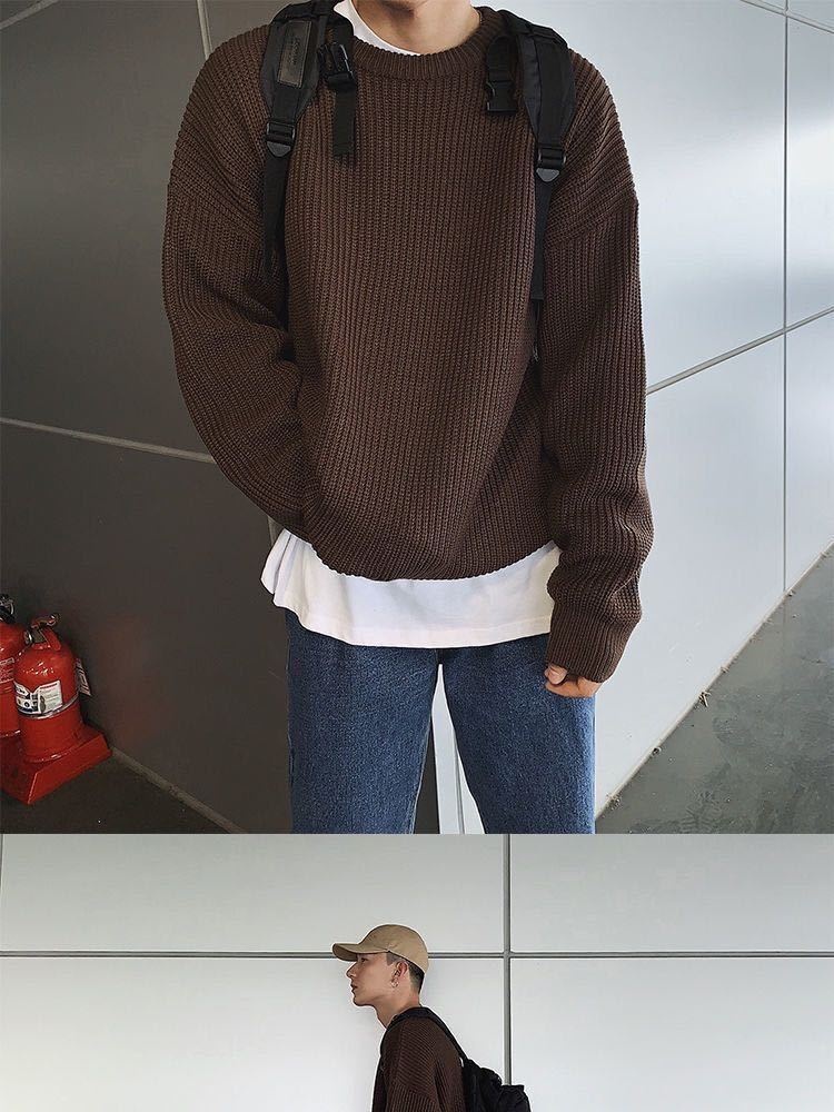 boy Boy Boy Round Neck Sweater Men 2025 New Autumn Winter Inner Layer Base Knitwear Loose Thickened Ins Korean Style Trendy_voghion.com