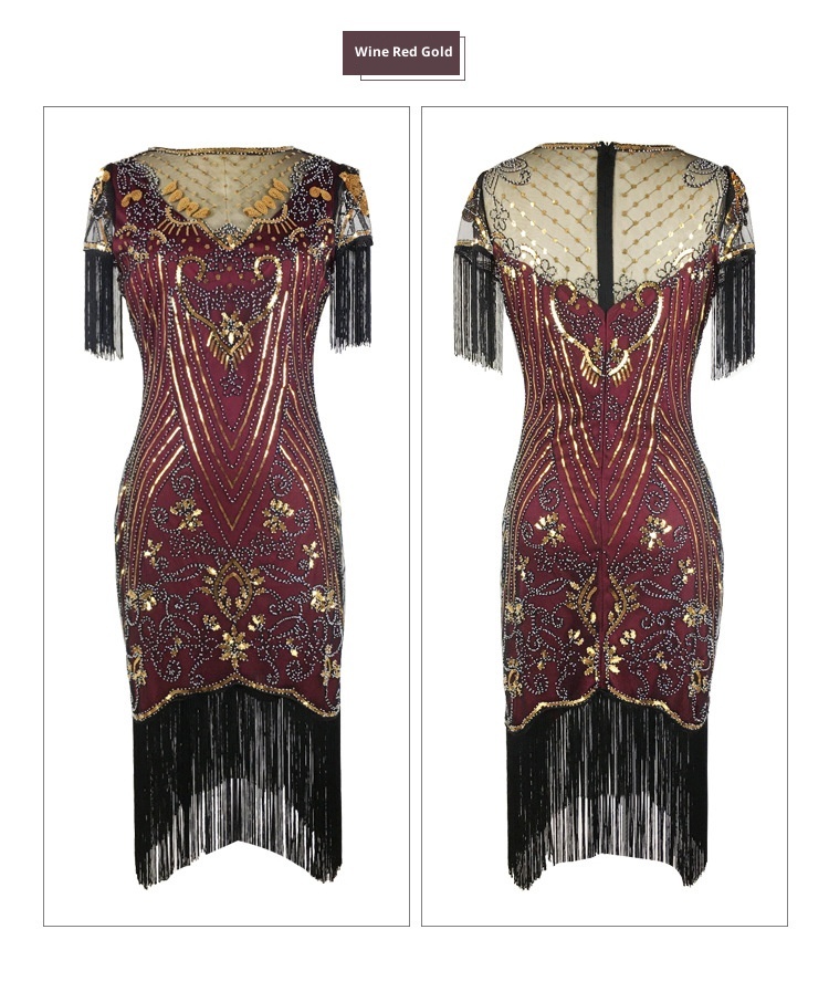 ChicShe 1920S Retro Ball Gown With Embroidery And Tassels, Cocktail Party Plus Size Sequin Beaded Mesh Dress_voghion.com