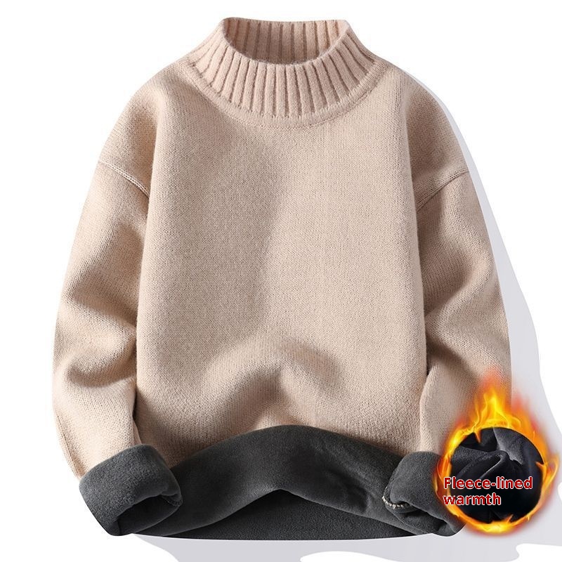 boy Boy Boy Half Turtleneck Sweater For Men, Fleece-Lined, Warm, Autumn And Base Layer, Men's Winter Solid Black Knitwear_voghion.com