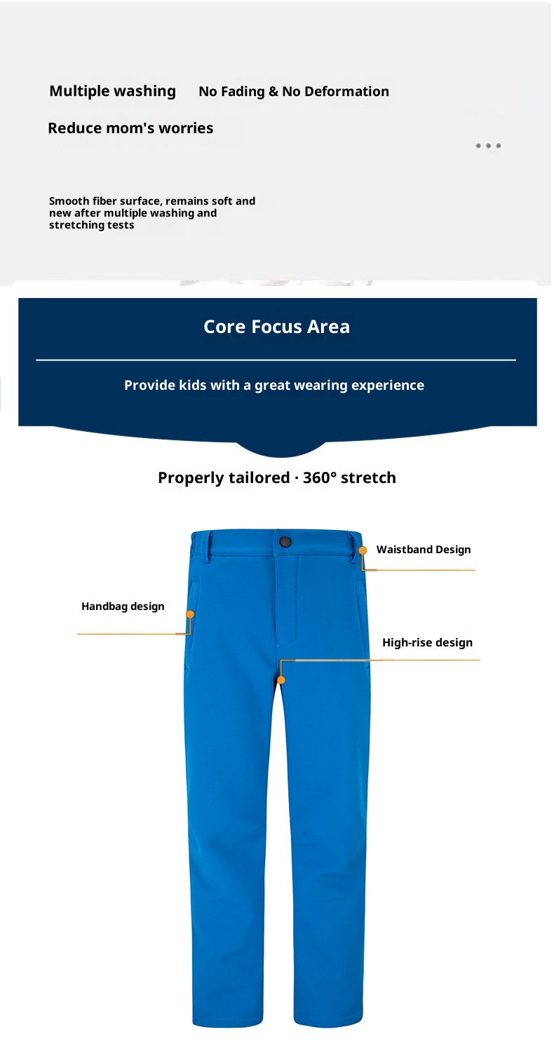 001 2023 Kinder-Fleece-gefütterte, wind- und wasserdichte, einfarbige Softshell-Wanderhose für Jungen und Mädchen, geeignet für Bergsteigen._voghion.com