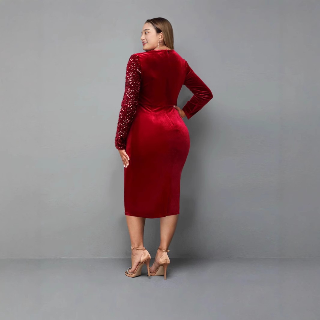 ChicShe 2024 New Sequin Patchwork Velvet Irregular Plus Women's Dress Extra Large Size_voghion.com