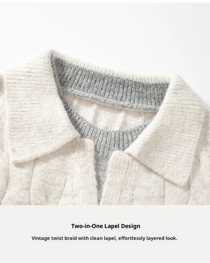 Maglione pullover in maglia a trecce con colletto rovesciato, da uomo, in due pezzi, stile pigro, con scollo a V, per autunno e inverno_voghion.com