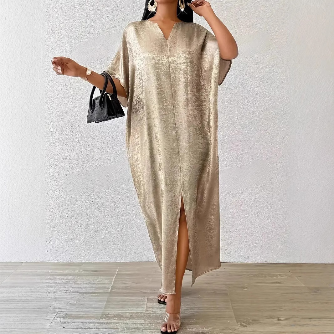 ChicShe Elegant Gold V-Neck Split Long Robe Dress High Waist Fashionable Temperament Plus Size Women's Clothing_voghion.com