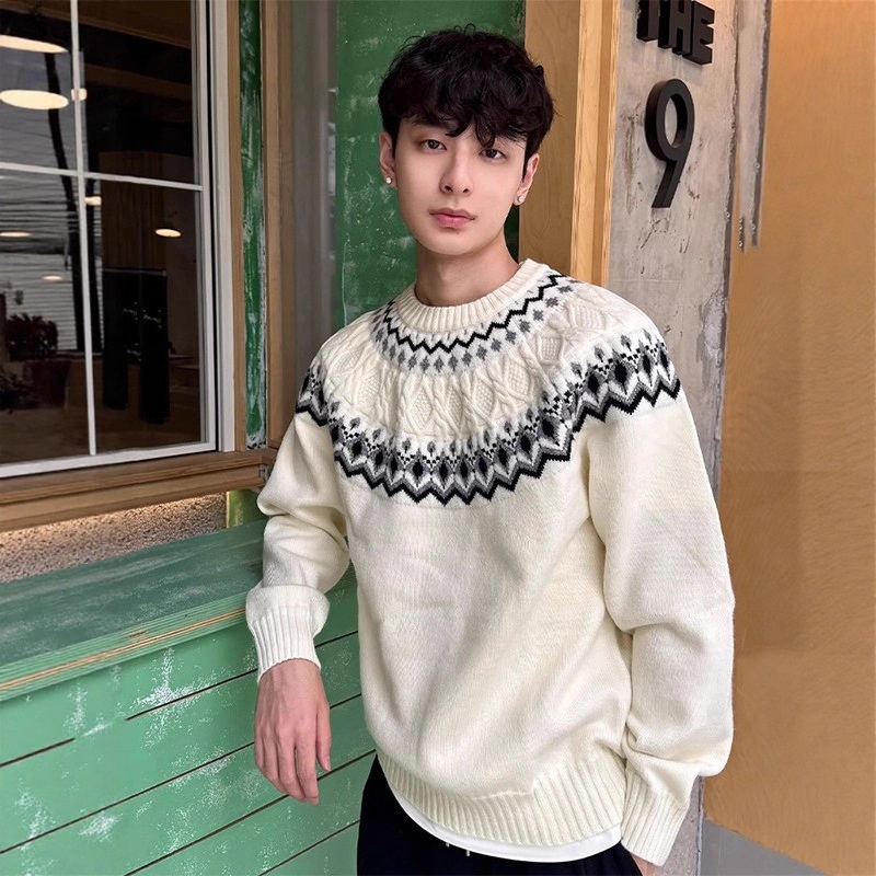 Maglione lavorato a maglia Fair Isle a trecce per uomo, maglia autunnale morbida e comoda, con strato interno Cleanfit_voghion.com