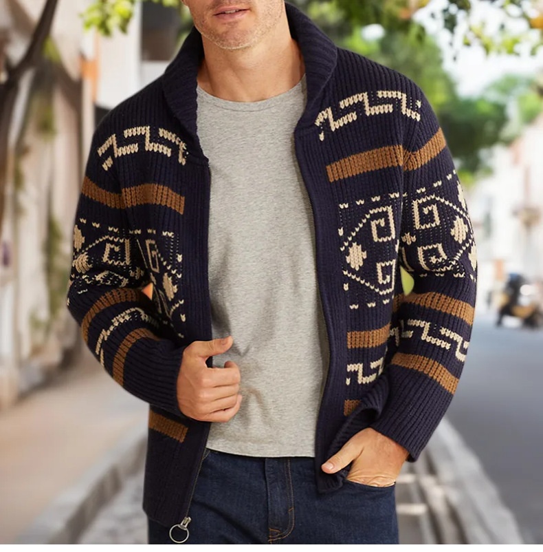 Herrenmode Herbst und Winter: Lässige Strickjacke mit Umlegekragen, langen Ärmeln und schmaler Passform, Jacquard-Strickmuster_voghion.com