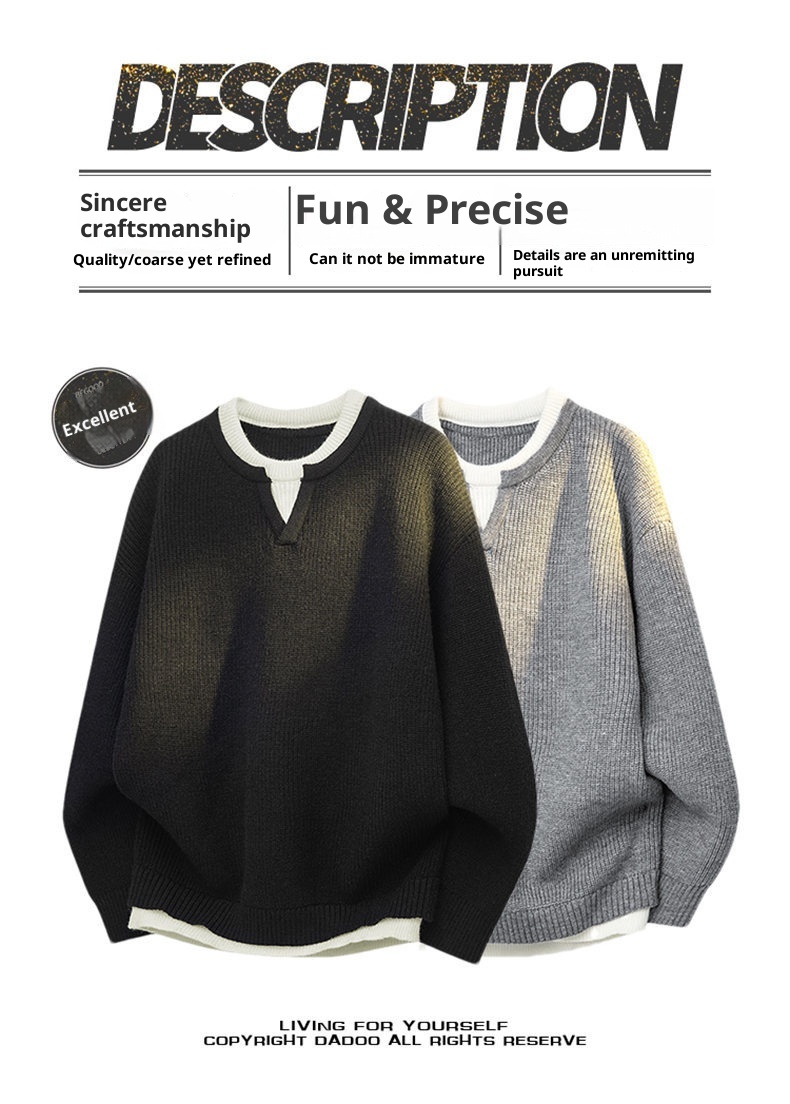 boy Boy Boy Cross-Border Autumn Winter Two-Piece Knitted Sweater Men's Lazy Style Pullover Loose Fit Base Layer_voghion.com