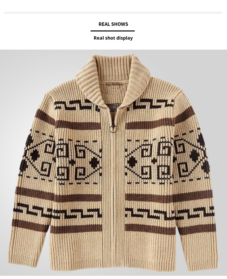 Herrenmode Herbst und Winter: Lässige Strickjacke mit Umlegekragen, langen Ärmeln und schmaler Passform, Jacquard-Strickmuster_voghion.com