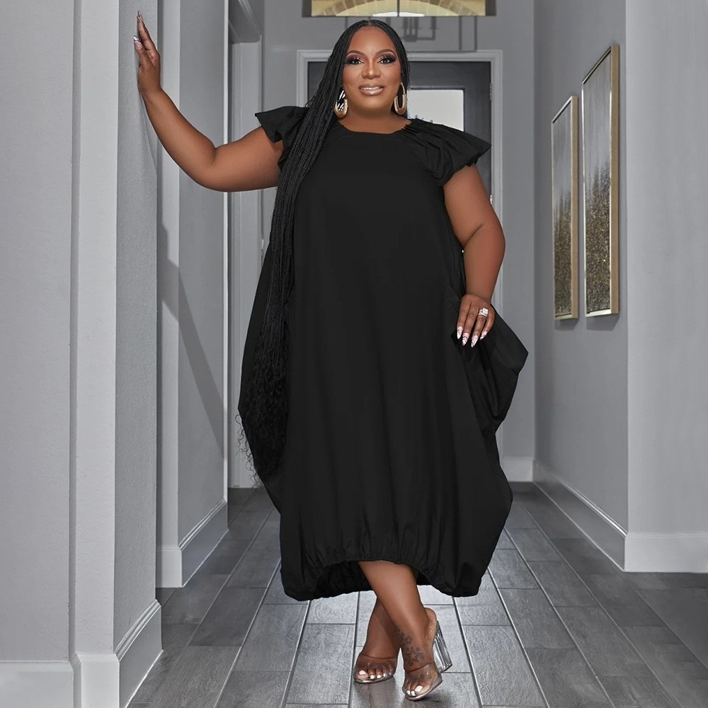 ChicShe N7834 Cross-Border Source European And American Fashion Plus Size Women's Solid Color Double Pocket Loose Dress_voghion.com