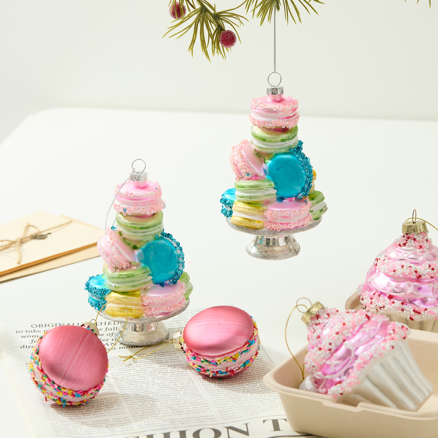 Lillian New Irregular Glass Tree Ornament Colorful Macaron Cake Painted Ball Christmas Decoration_voghion.com