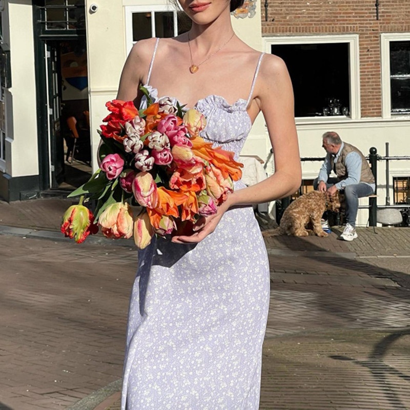 ChicShe Abito lungo estivo da donna con spalline floreali e volant alla francese, stile fresco e dolce_voghion.com