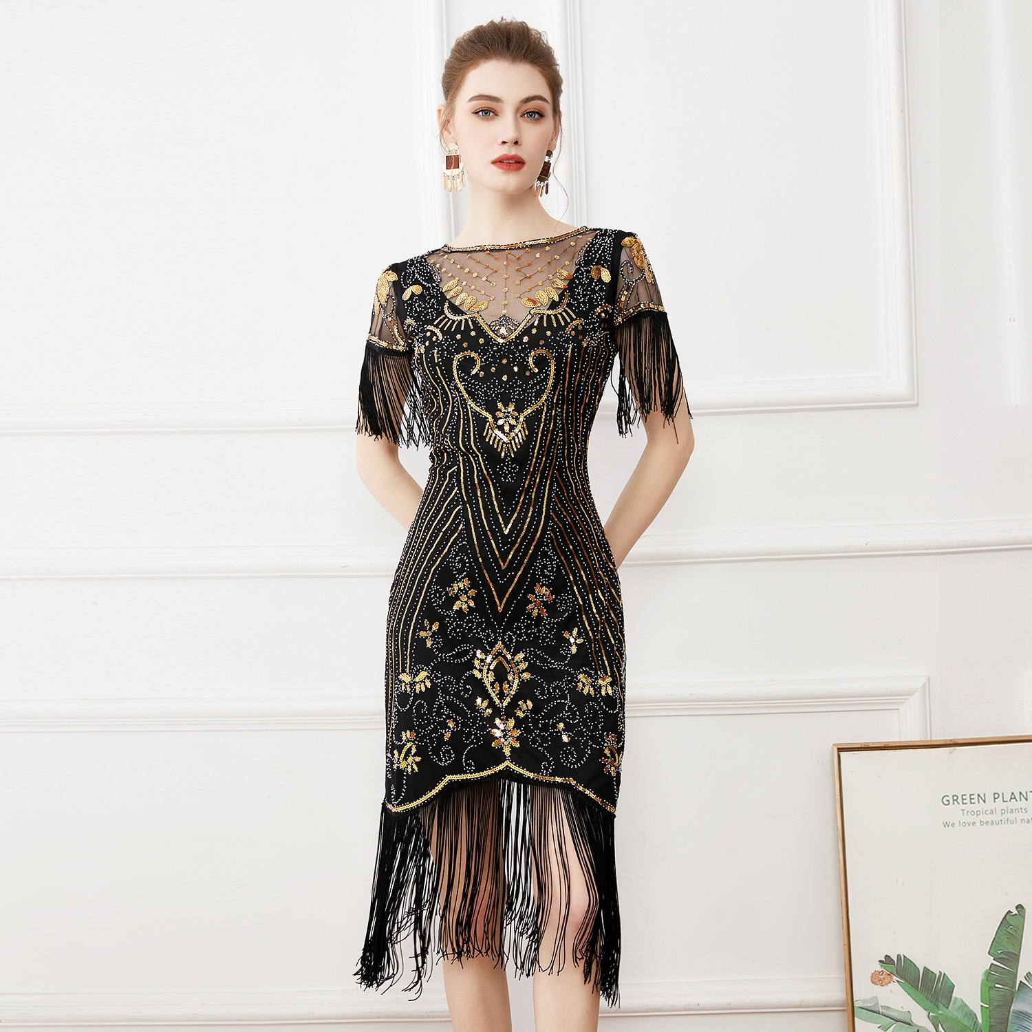 ChicShe 1920S Retro Ball Gown With Embroidery And Tassels, Cocktail Party Plus Size Sequin Beaded Mesh Dress_voghion.com