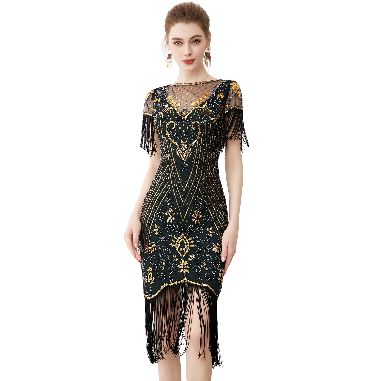 ChicShe 1920S Retro Ball Gown With Embroidery And Tassels, Cocktail Party Plus Size Sequin Beaded Mesh Dress_voghion.com