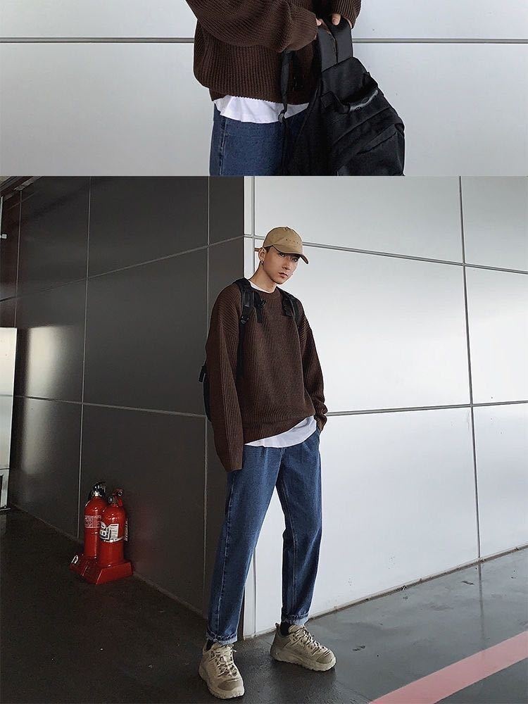 boy Boy Boy Round Neck Sweater Men 2025 New Autumn Winter Inner Layer Base Knitwear Loose Thickened Ins Korean Style Trendy_voghion.com
