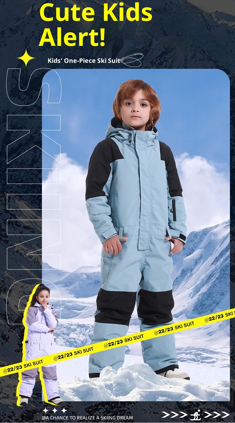 001 New Children's Ski One-Piece Girls' Set Color Block Waterproof Windproof Warm Single And Double Board Suit Snow Pants_voghion.com