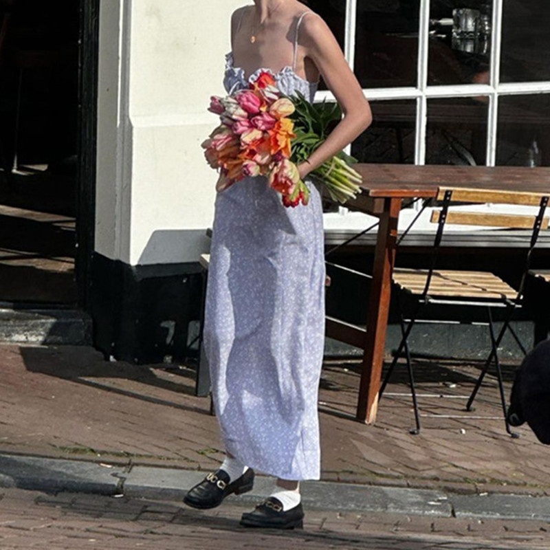 ChicShe Abito lungo estivo da donna con spalline floreali e volant alla francese, stile fresco e dolce_voghion.com