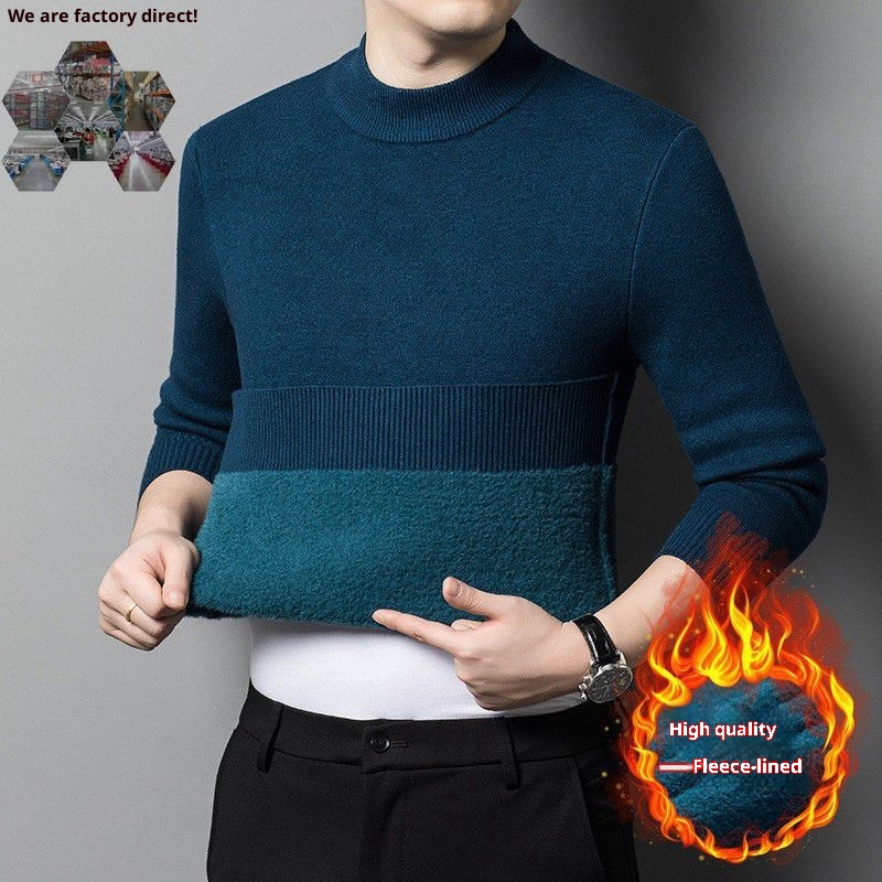 boy Boy Boy Wholesale Winter Fleece-Lined Thickened Men's Knitted Half Turtleneck Wool Sweater Dad's Outfit_voghion.com