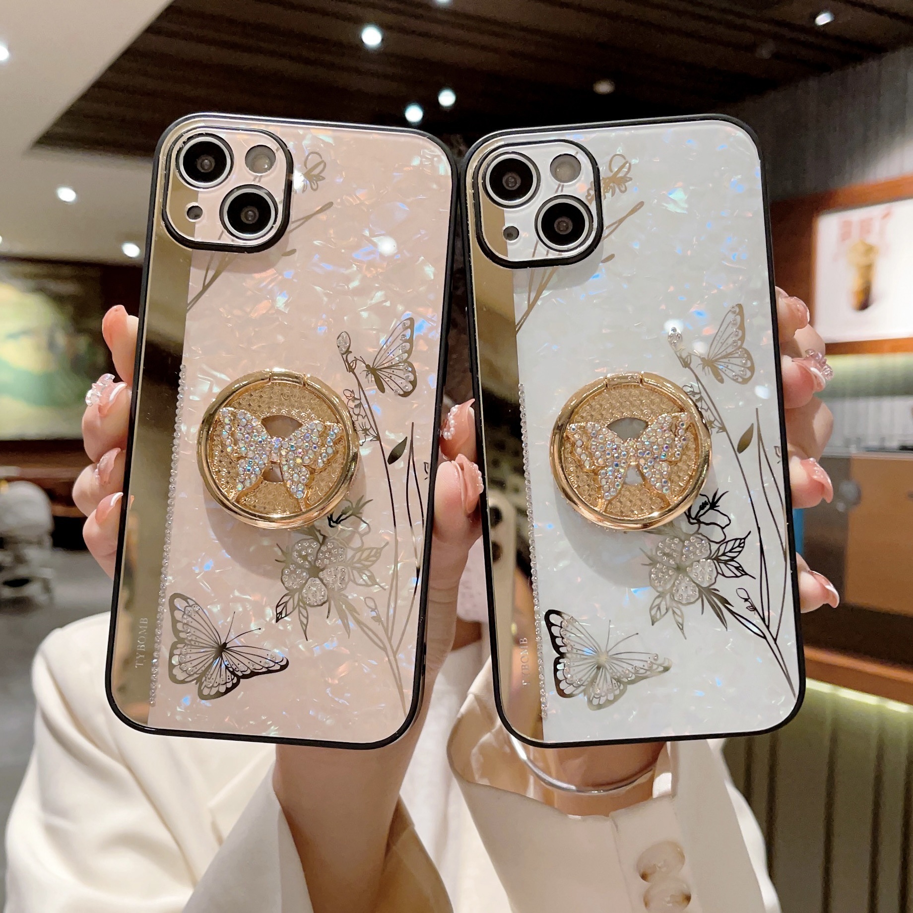 TechGlobe Compatible With 17 Phone Love Flower Inlaid Diamond Butterfly Stand IPhone 16 Pro Full Coverage Soft Edge_voghion.com