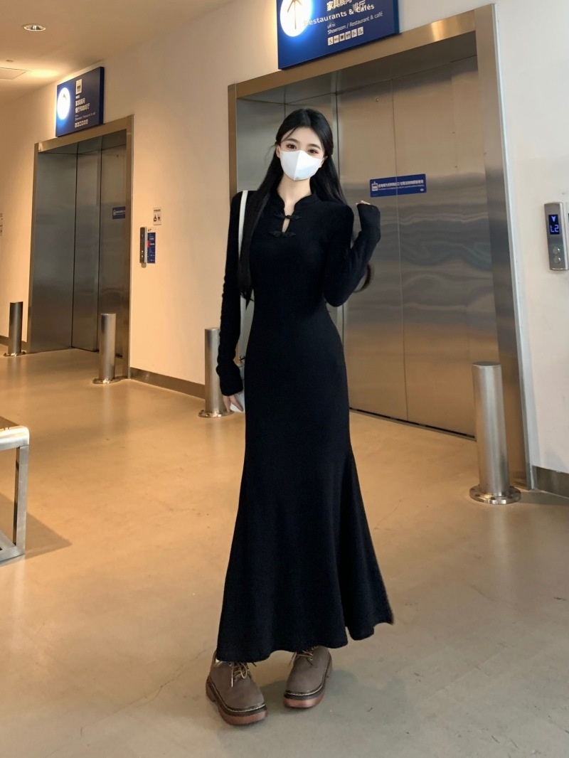 ChicShe 2025 New Chinese Style Improved Cheongsam Bodycon Long For Women Autumn Winter Plus Size Waist-Cinching Base Mermaid_voghion.com