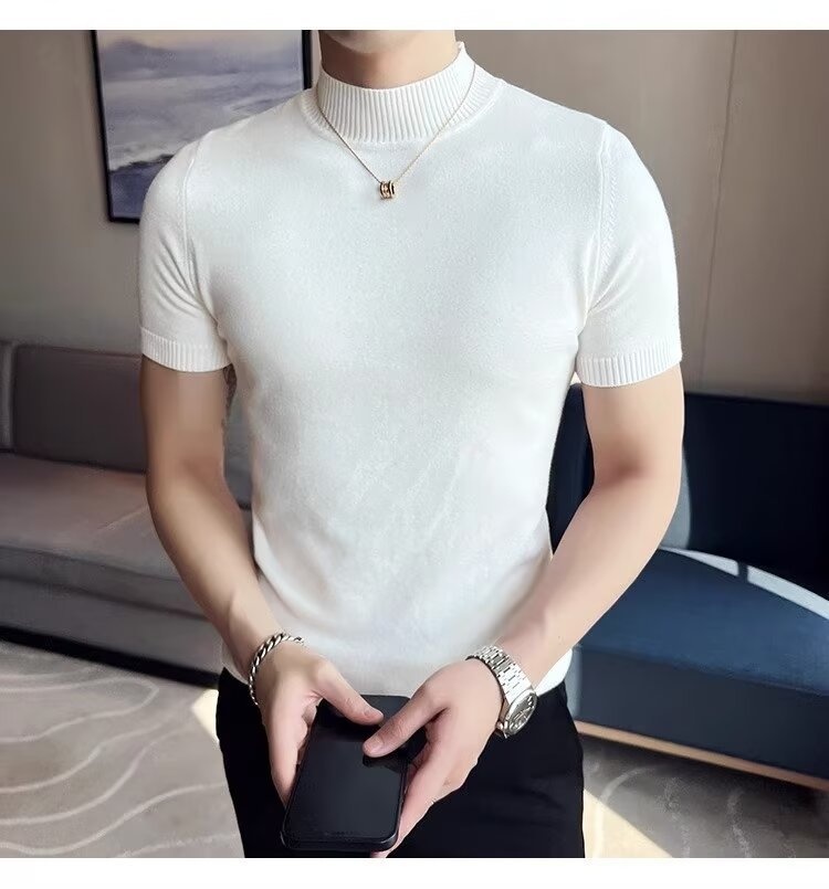 boy Boy Boy Autumn Winter Knit Short Turtleneck Slim Fit Inner Sweater Men's Half Sleeve Base Shirt Solid Color Warm Top_voghion.com
