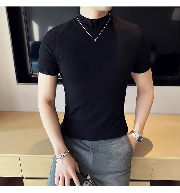 boy Boy Boy Autumn Winter Knit Short Turtleneck Slim Fit Inner Sweater Men's Half Sleeve Base Shirt Solid Color Warm Top_voghion.com