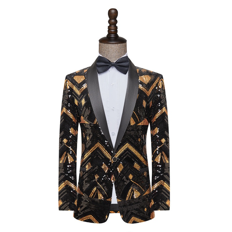 7045555501<2 QFV507045555501<2 Nuovo stile europeo e americano da uomo, blazer con paillettes nere e dorate, costume da esibizione per presentatore di night club, DJ, studio di ripresa_voghion.com