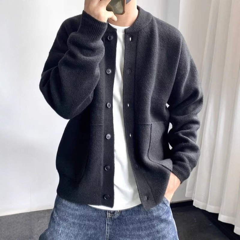 boy Boy Boy Japanese Wool Cardigan Men's Spring And Autumn Hong Kong Style Knitted Round Neck Jacket Simple Loose Thickened Sweater_voghion.com