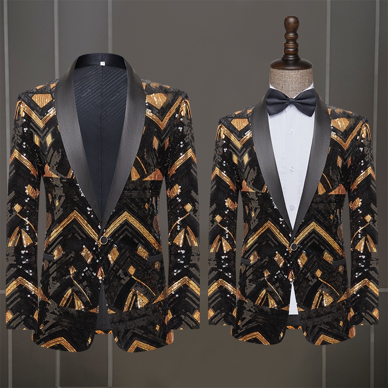 7045555501<2 QFV507045555501<2 Nuovo stile europeo e americano da uomo, blazer con paillettes nere e dorate, costume da esibizione per presentatore di night club, DJ, studio di ripresa_voghion.com