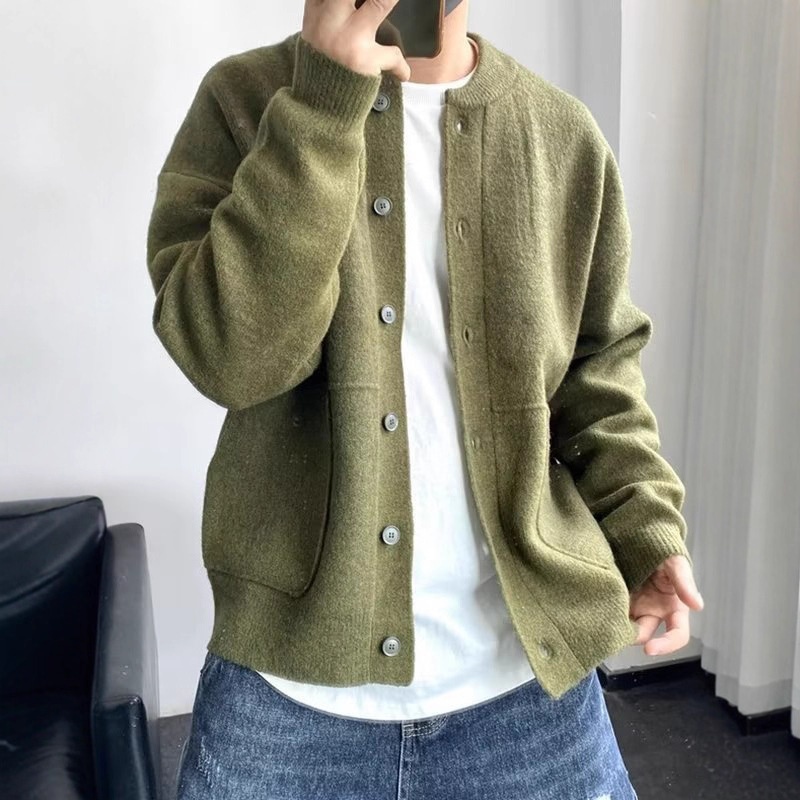 boy Boy Boy Japanese Wool Cardigan Men's Spring And Autumn Hong Kong Style Knitted Round Neck Jacket Simple Loose Thickened Sweater_voghion.com