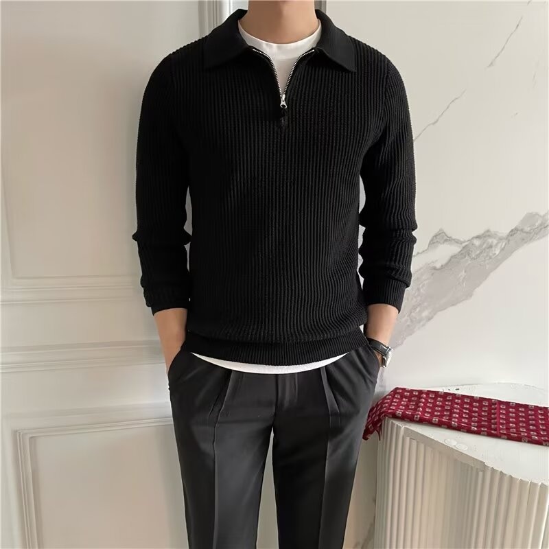 Maglione da uomo in stile britannico, a maniche lunghe, con mezza zip e colletto polo, in tessuto a nido d'ape, vestibilità slim, tinta unita_voghion.com