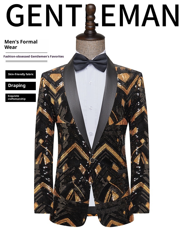 7045555501<2 QFV507045555501<2 Nuovo stile europeo e americano da uomo, blazer con paillettes nere e dorate, costume da esibizione per presentatore di night club, DJ, studio di ripresa_voghion.com