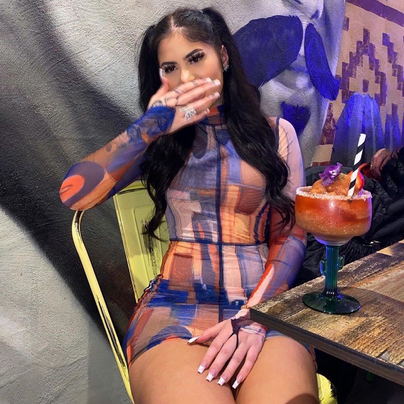 ChicShe Collection Printemps 2025 - Robe moulante courte à manches longues et col montant, imprimé peinture à l'huile, collection femme, vente en gros_voghion.com