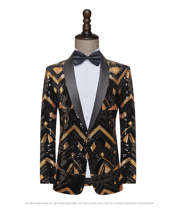 7045555501<2 QFV507045555501<2 Nuovo stile europeo e americano da uomo, blazer con paillettes nere e dorate, costume da esibizione per presentatore di night club, DJ, studio di ripresa_voghion.com