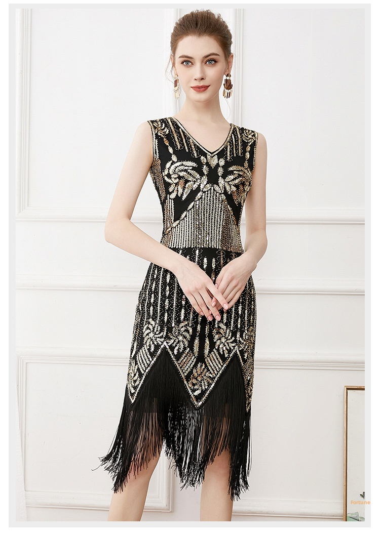 ChicShe European And American Retro Gatsby Ball Gown V-neck Sequin Beaded Embroidery Tassel Vest Plus Size Dress_voghion.com