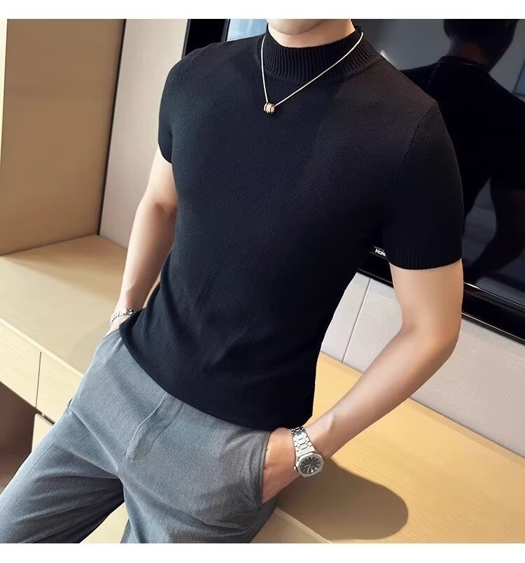 boy Boy Boy Autumn Winter Knit Short Turtleneck Slim Fit Inner Sweater Men's Half Sleeve Base Shirt Solid Color Warm Top_voghion.com