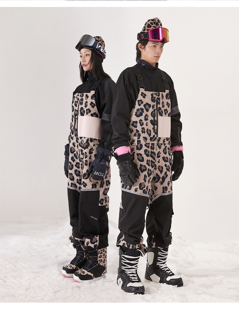 001 VECTOR Overalls Ski Leopard Print Color Block Warm Waterproof Windproof New Sports Outdoor Suspender Pants_voghion.com