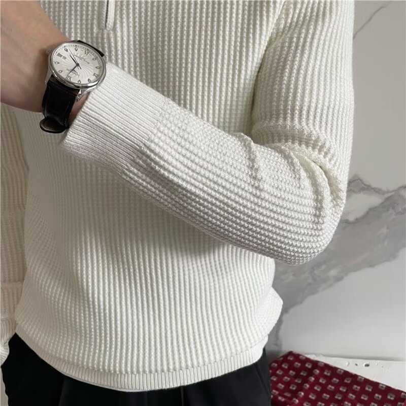 Maglione da uomo in stile britannico, a maniche lunghe, con mezza zip e colletto polo, in tessuto a nido d'ape, vestibilità slim, tinta unita_voghion.com